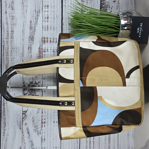 VINTAGE COACH #10113 HAMPTON TOTE BAG SCARF PRINT TAN BLUE BROWN SIGNATURE PURSE - Picture 8 of 17
